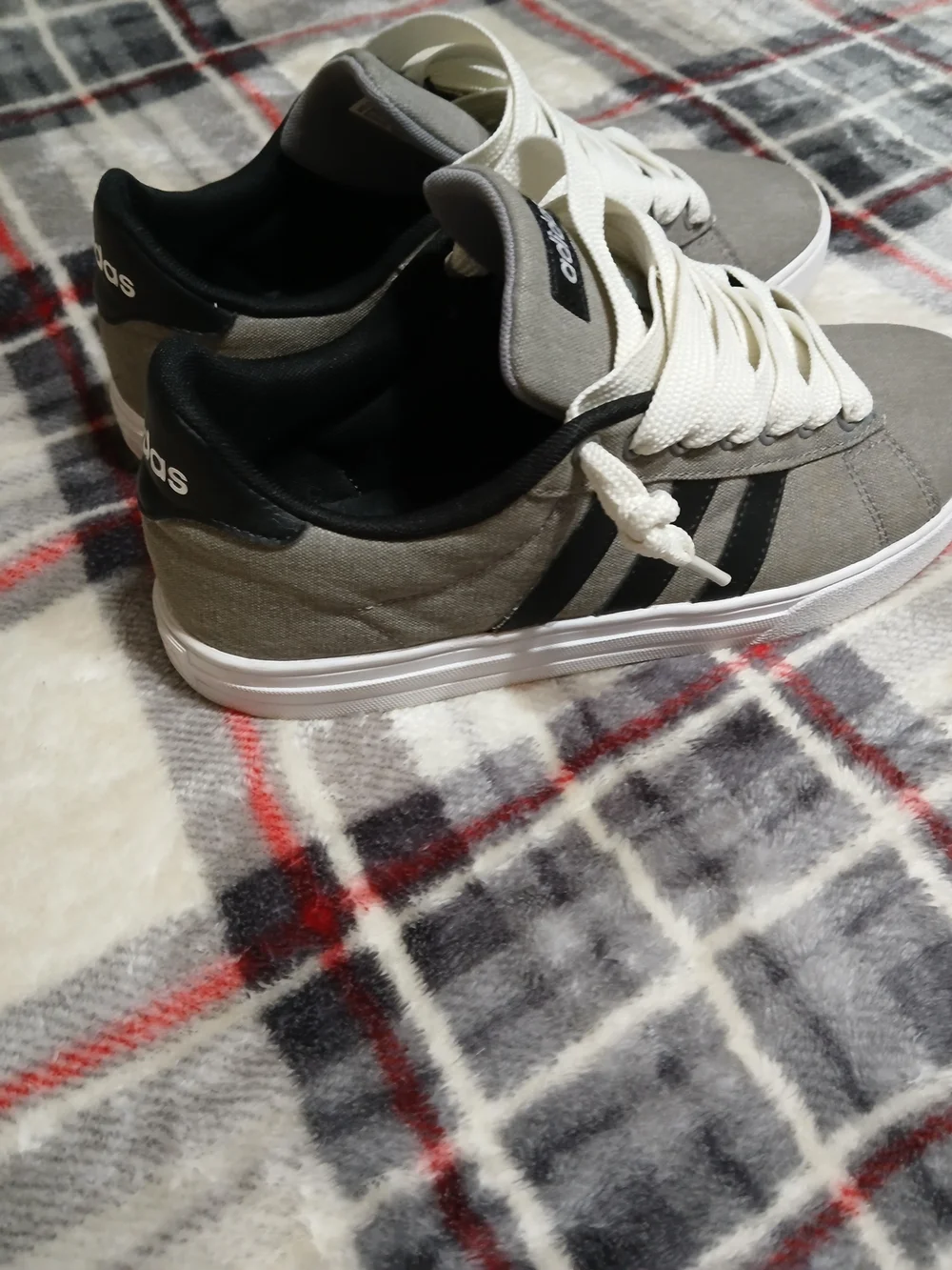 Adidas Daily 2.0, Grey with Black Stripes and Custom Fat White Laces